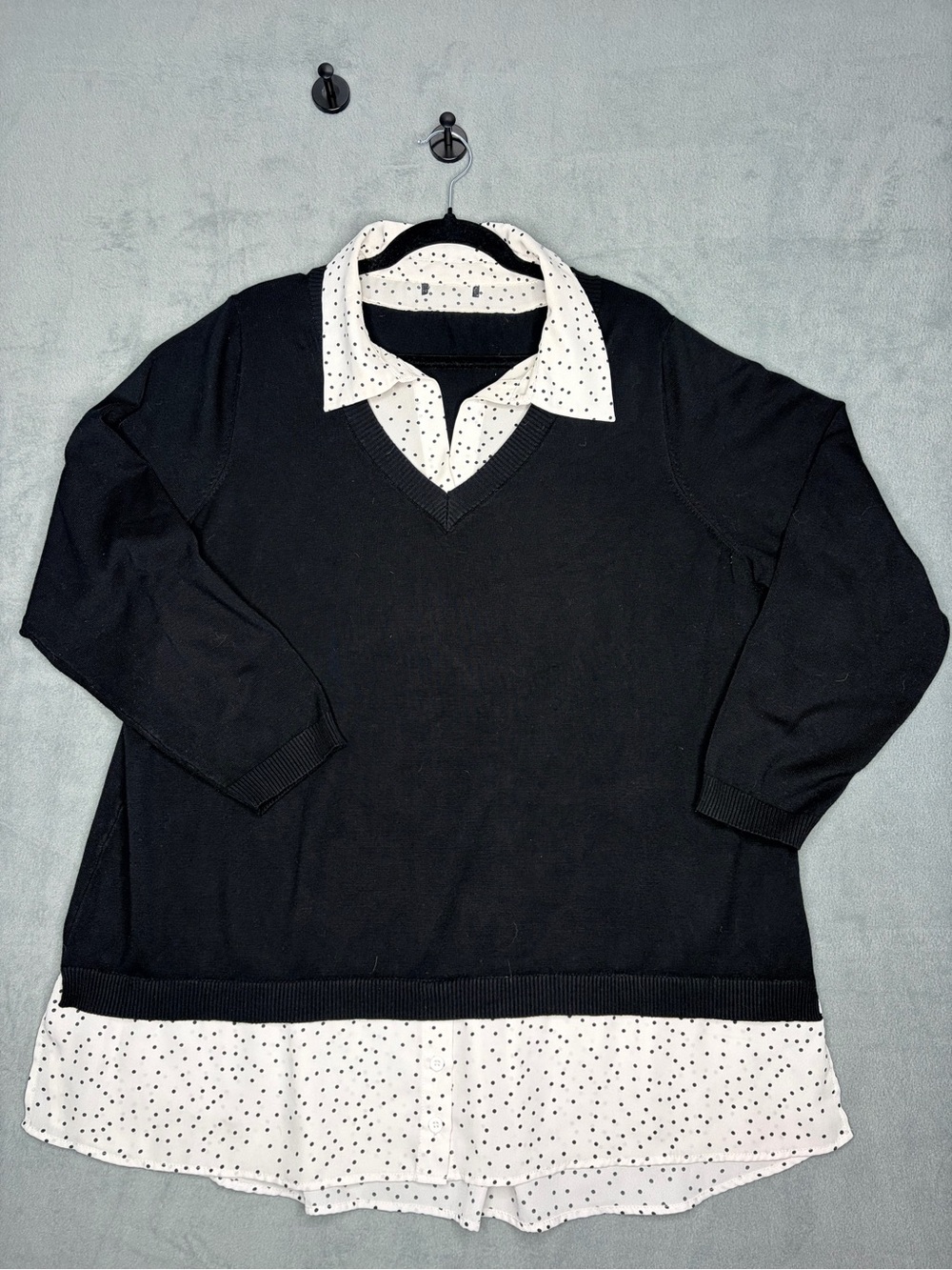Adrianna Papell Black V-Neck Sweater Tunic with White Polka Dot Shirt Detail